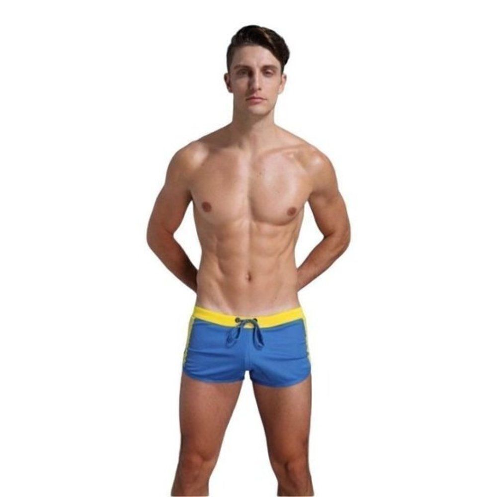 Wang jiang Men Swimwear Running Shorts Jock Strap DK Blue & Yellow US XL